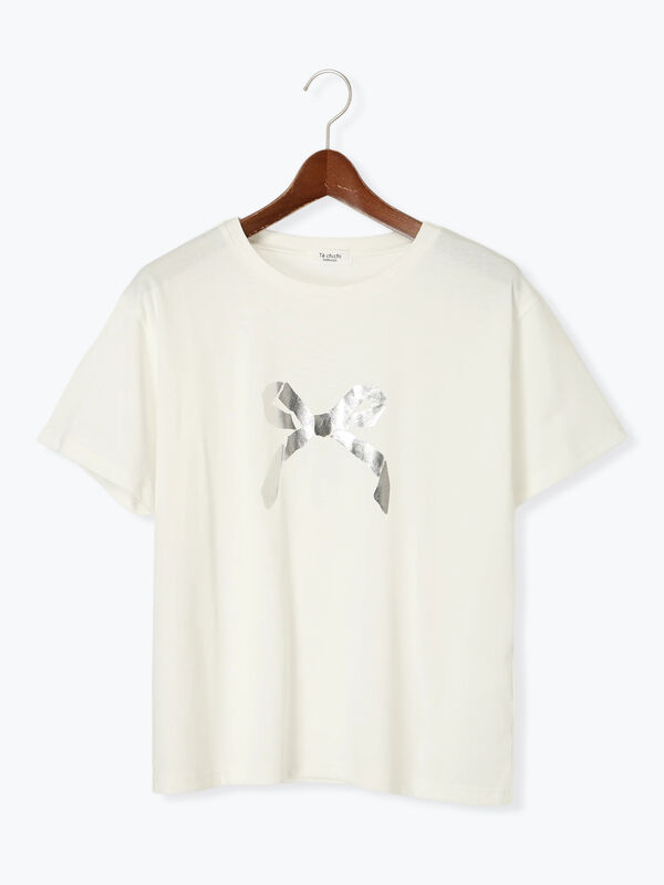 セール】 【接触冷感】箔リボンモチーフTシャツ（オフホワイト