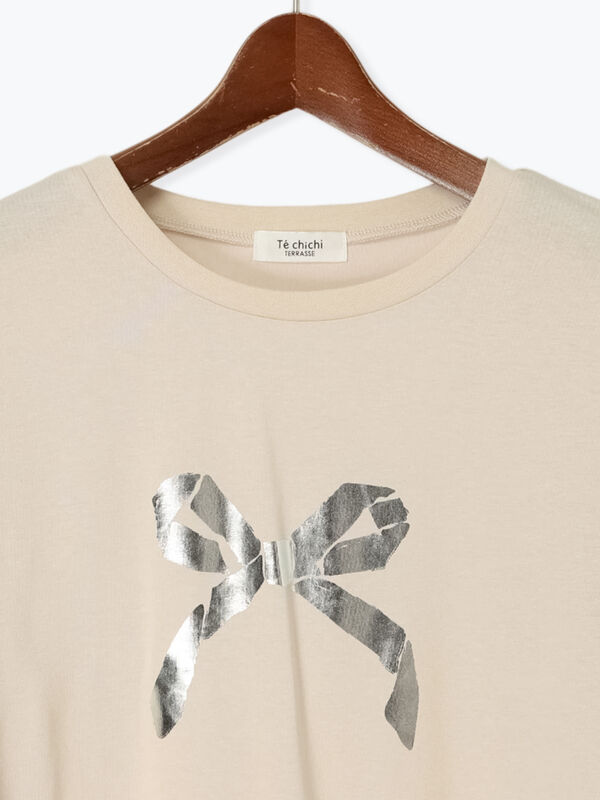 セール】 【接触冷感】箔リボンモチーフTシャツ（オフホワイト