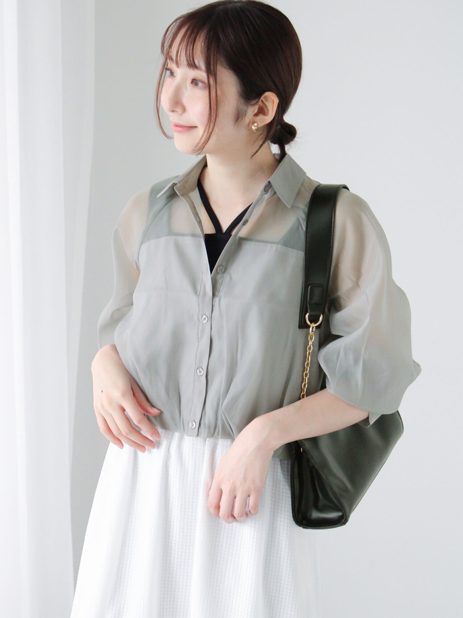 セール】 バルーンヘムクロップドシャツ（オフホワイト/グレー/ミント