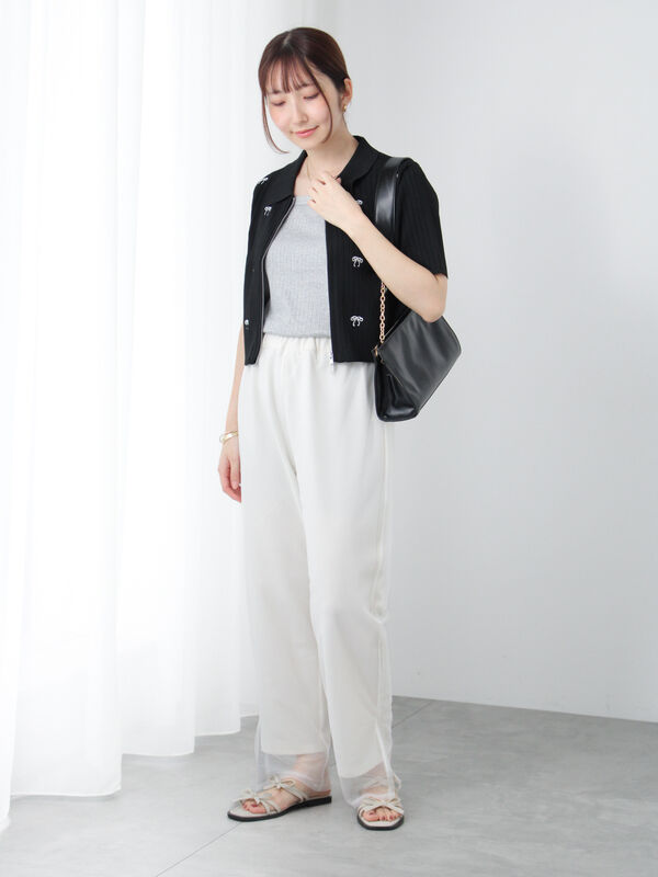 セール】 リボン刺繍ダブルジップカーディガン（オフホワイト/グレー