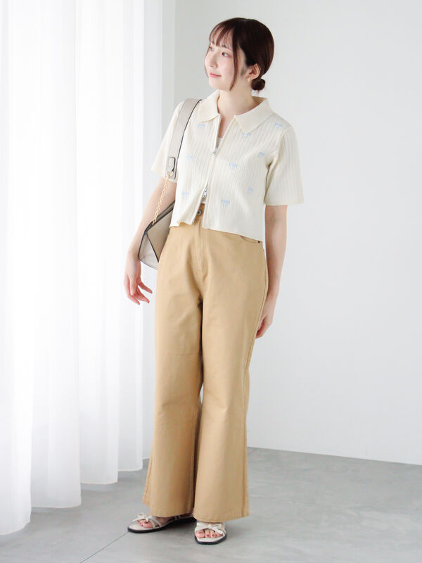 セール】 リボン刺繍ダブルジップカーディガン（オフホワイト/グレー