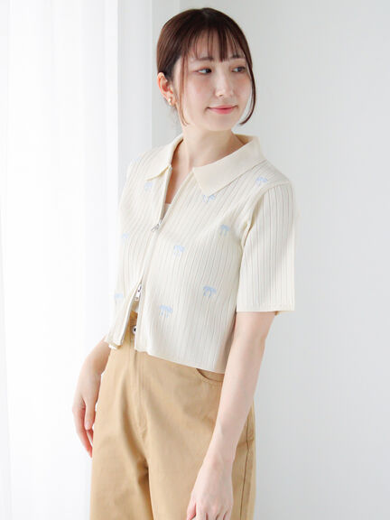 リボン刺繍ダブルジップカーディガン（オフホワイト/グレー/ブラック）｜Te chichi TERRASSE（テチチ テラス）通販