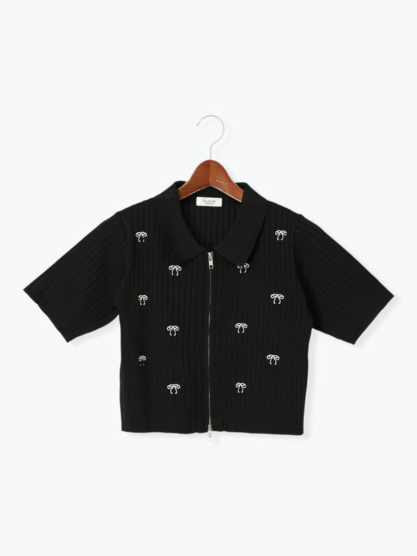 セール】 リボン刺繍ダブルジップカーディガン（オフホワイト/グレー