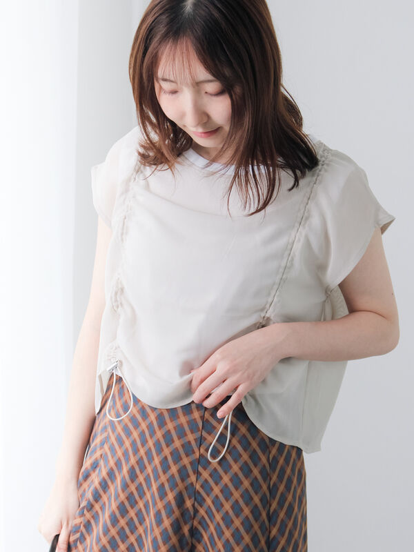 トップス hideyo セール】 レイヤードドロストトップス（オフホワイト/ブラック
