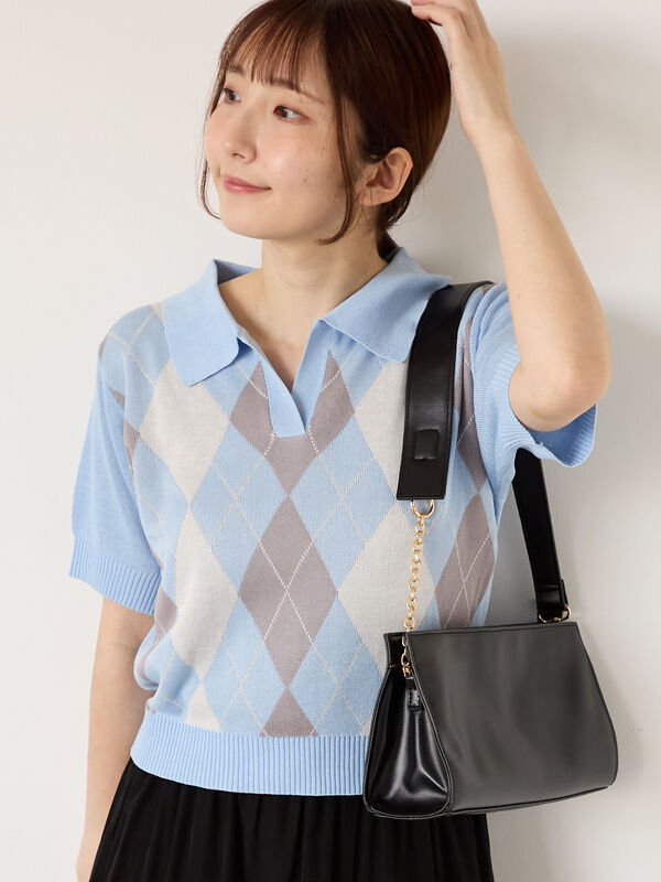 セール】 アーガイル開襟ニット（オフホワイト/ブルー/ネイビー