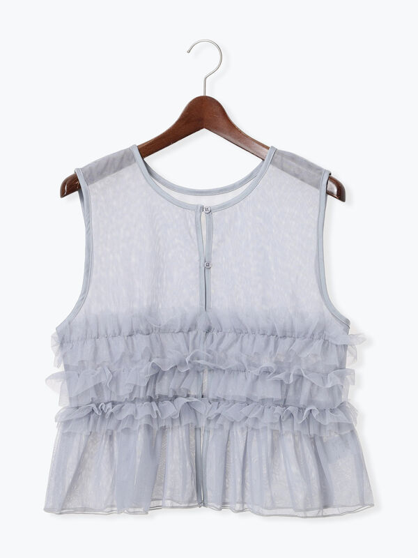 テチチ　フリル　ジレ セール】 シアー重ねフリルベスト（オフホワイト/グレー