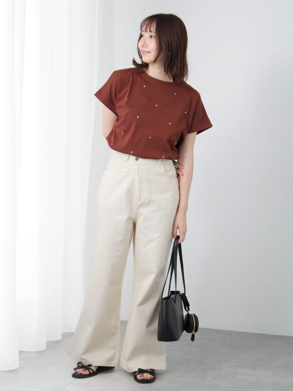 セール】 フレアワイドデニムパンツ（オフホワイト/ブラック