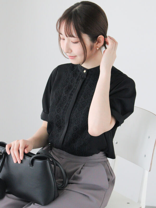 セール】 フロントレースブラウス（オフホワイト/ブラック/ブラウン