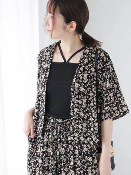 セール】 リネン混オープンカラーシャツ（チャコールグレー/ブラック