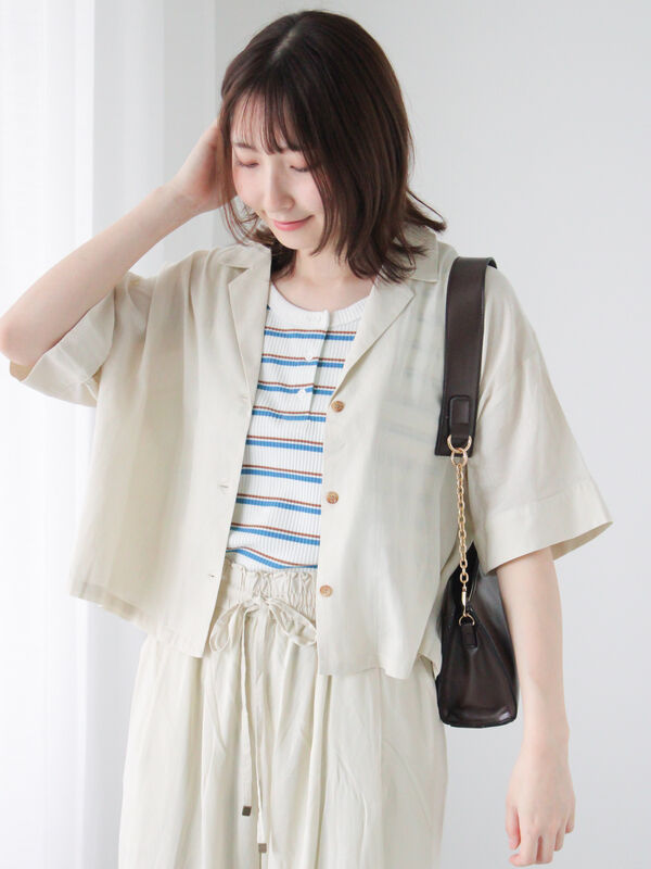 セール】 リネン混オープンカラーシャツ（チャコールグレー/ブラック