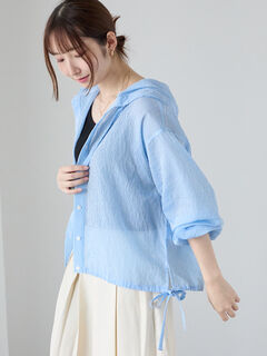 chai♡様　na.e WashingDenimShirt_Light Blue セール】 シアーストライプシャツフーディ（グレー/ピンク/ブルー
