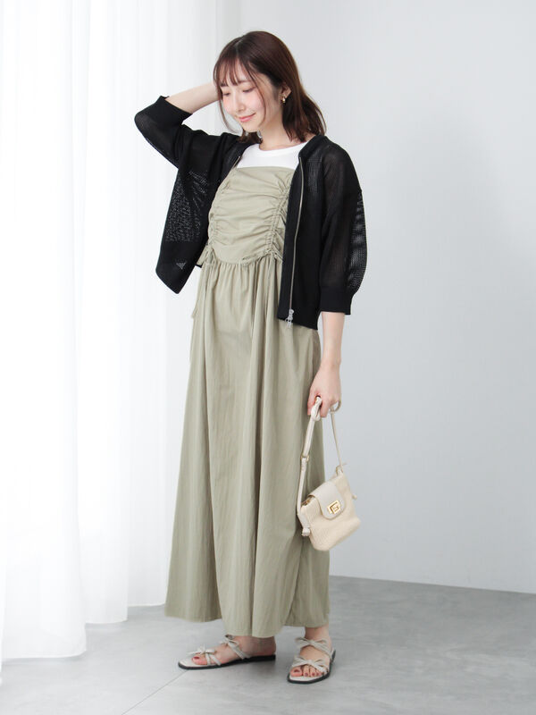 な 【oldhoney】キャミワンピース プチレタス ] 胸元フリルワッシャーキャミワンピース［E3398