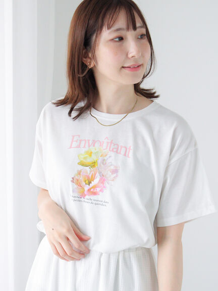 フラワーモチーフTシャツ フラワーモチーフプリントTシャツ（オフホワイト