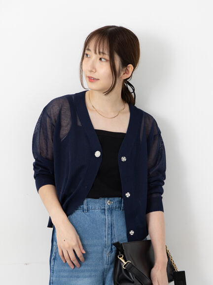 ルルウィルビー 23ss SPARKLEビジューカーディガン シアー Vネック ルルウィルビー 23ss SPARKLEビジューカーディガン シアー V