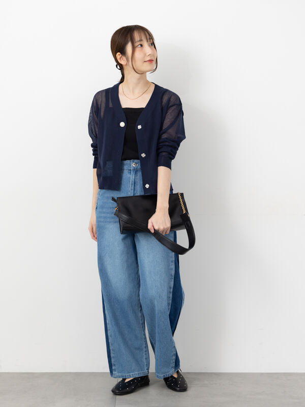 セール】 ビジュー付きシアーVネックカーディガン（オフホワイト