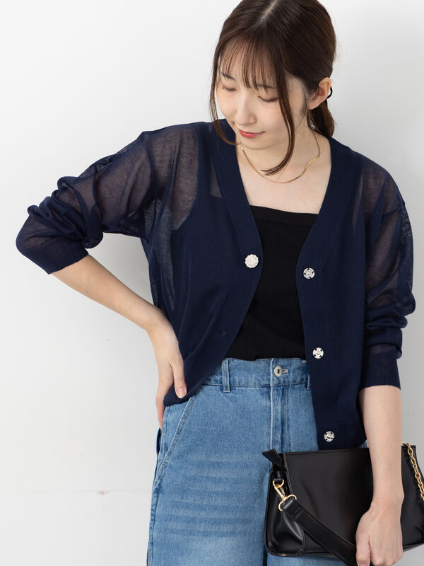 セール】 ビジュー付きシアーVネックカーディガン（オフホワイト