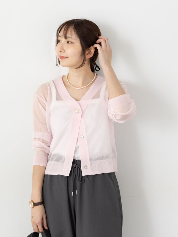 セール】 ビジュー付きシアーVネックカーディガン（オフホワイト