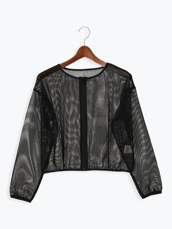 セール】 メッシュノーカラーブルゾン（オフホワイト/ブラック/キナリ