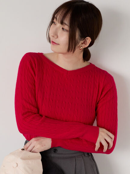 もちもちケーブルVネックニット（オフホワイト/グレー/ブラック/レッド）｜Te chichi TERRASSE（テチチ テラス）通販