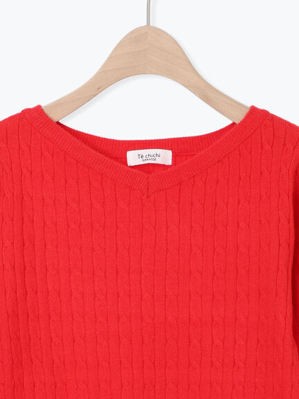 もちもちケーブルVネックニット（オフホワイト/グレー/ブラック/レッド）｜Te chichi TERRASSE（テチチ テラス）通販