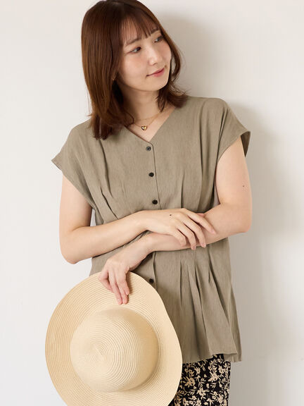 セール】 ウエストタックVネックブラウス（オフホワイト/モカ/ブルー