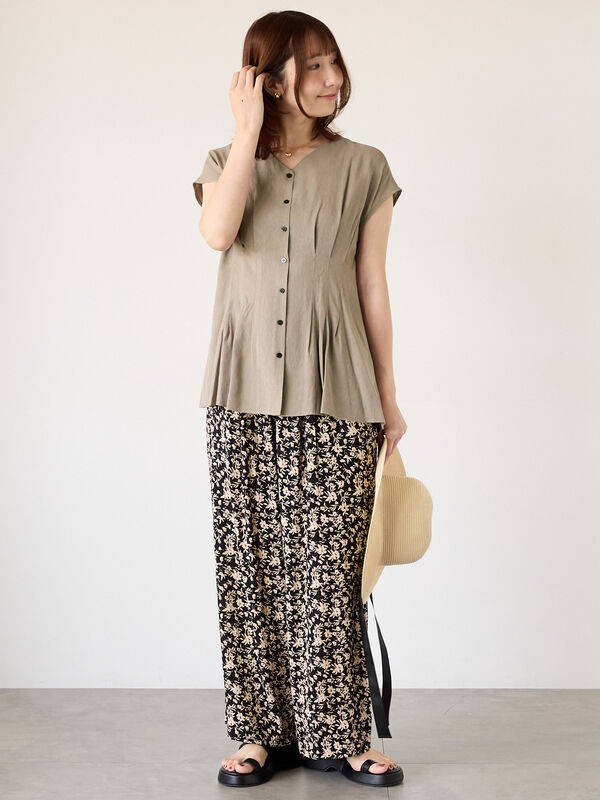 セール】 ウエストタックVネックブラウス（オフホワイト/モカ/ブルー