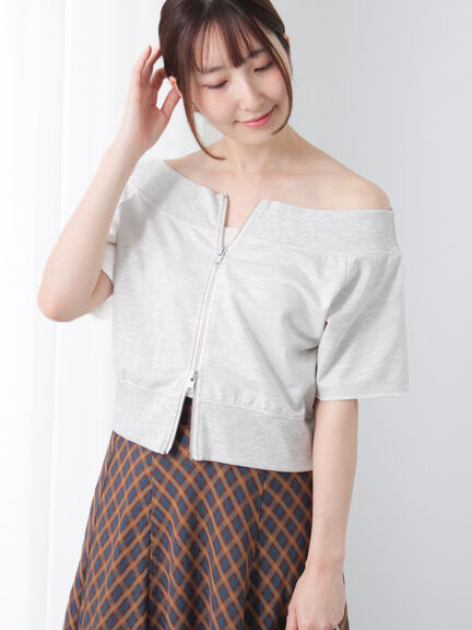 tシャツ オフショルダブルジップアップトップス レディース ダブルジップオフショルカットトップス（グレー