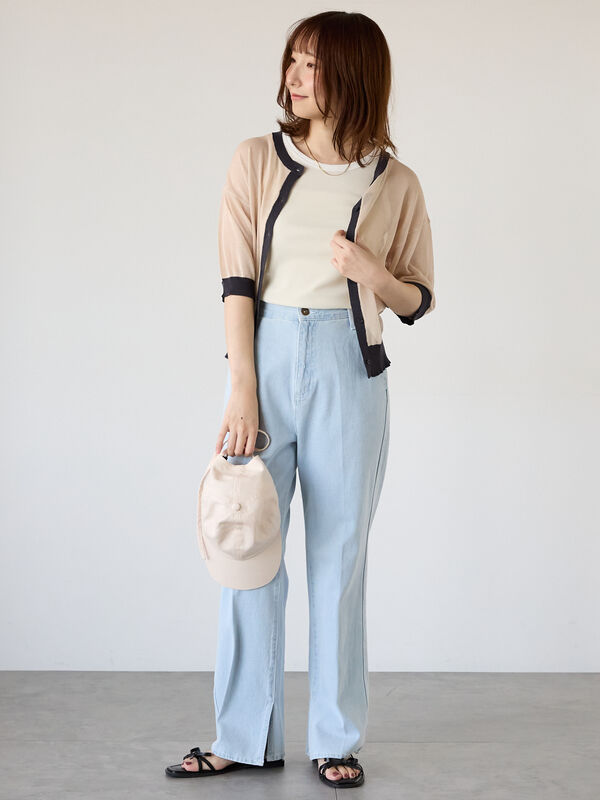 セール】 バイカラーシアー5分袖カーディガン（チャコールグレー