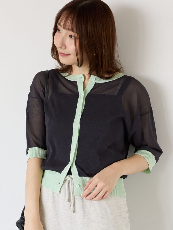 テチチ　バイカラー　カーディガン セール】 バイカラーシアー5分袖カーディガン（チャコールグレー