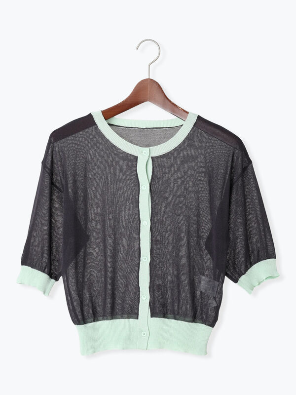 テチチ　バイカラー　カーディガン セール】 バイカラーシアー5分袖カーディガン（チャコールグレー