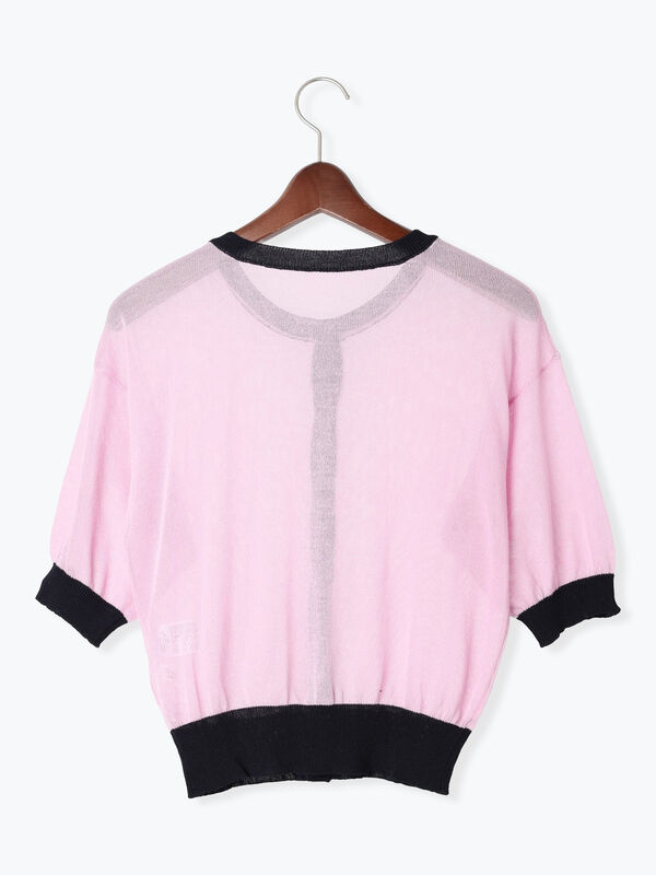 セール】 バイカラーシアー5分袖カーディガン（チャコールグレー