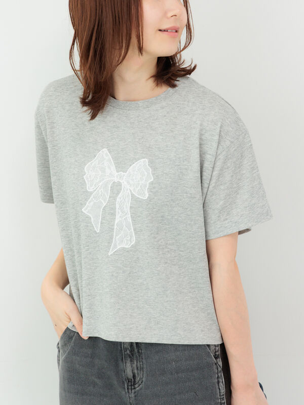 【接触冷感】レース刺繍クロップドTシャツ（オフホワイト/グレー/チャコールグレー）｜Te chichi TERRASSE（テチチ テラス）通販