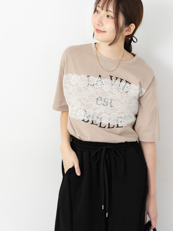 セール】 レースロゴプリントTシャツ（オフホワイト/モカ/ブルー
