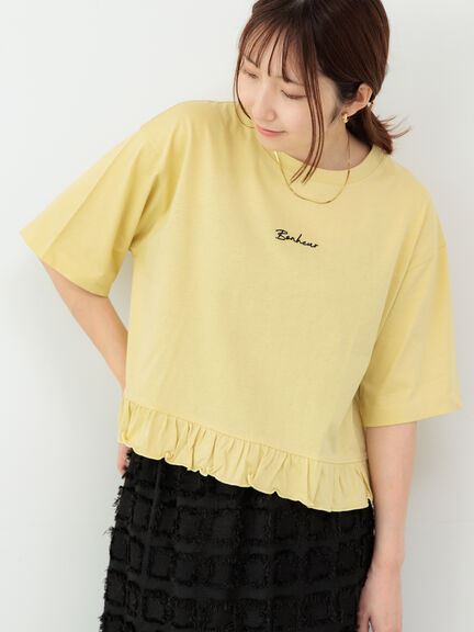 セール】 裾フリル刺繍Tシャツ（オフホワイト/チャコールグレー