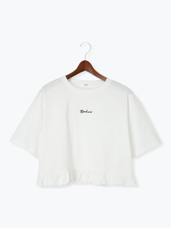 セール】 裾フリル刺繍Tシャツ（オフホワイト/チャコールグレー