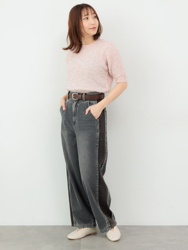 ローズ　リメカン セール】 リボンヤーンハーフスリーブニット（オフホワイト/グレー