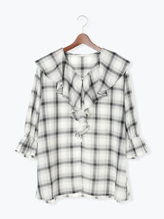 45rpmフリル付きブラウン・ホワイトチェックシャツ セール】 オンブレーチェックフリルブラウス《2025autumn