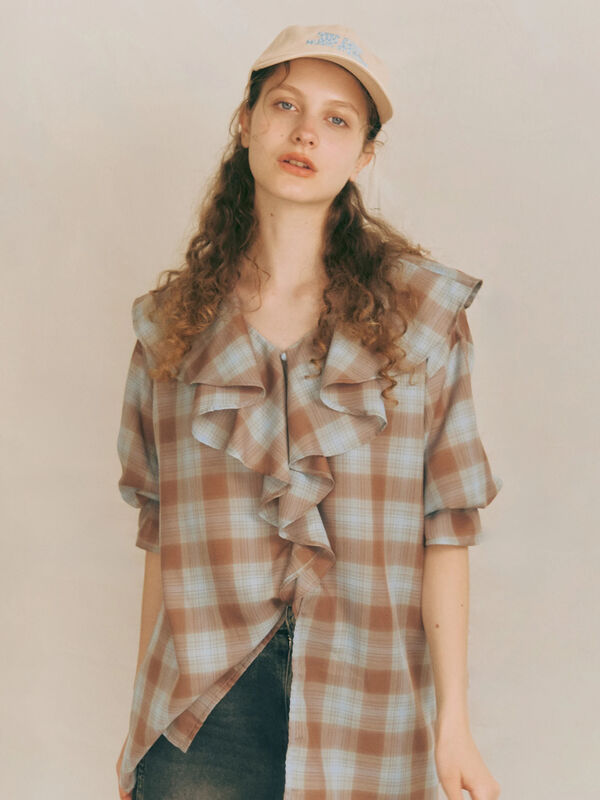 ohga チェック柄フリル襟長袖シャツ ベージュ系 秋 ohga チェック柄