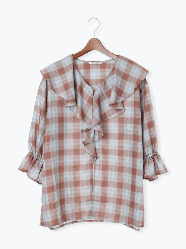 ブラウン系チェック パフスリーブブラウス 組曲 【WEB限定】シアーツイルチェック チュニックブラウス