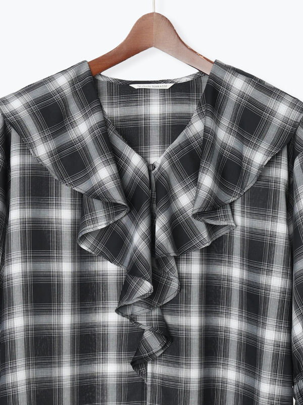 ISSEY MIYAKEフリル付き白グレーチェックTシャツ ISSEY MIYAKEフリル付き白グレーチェックTシャツ