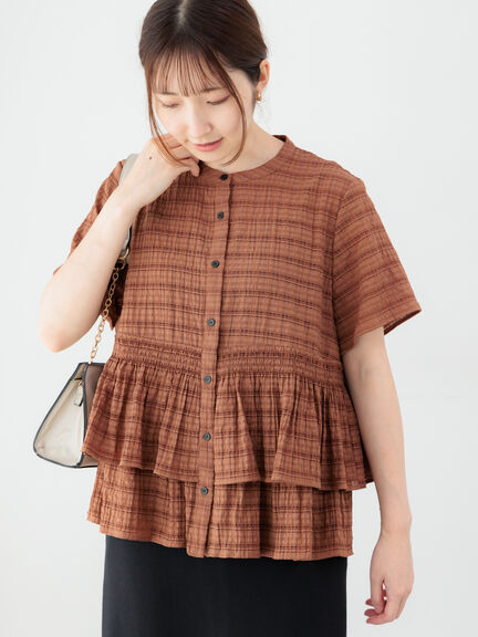 セール】 シアーチェックティアードブラウス（オフホワイト