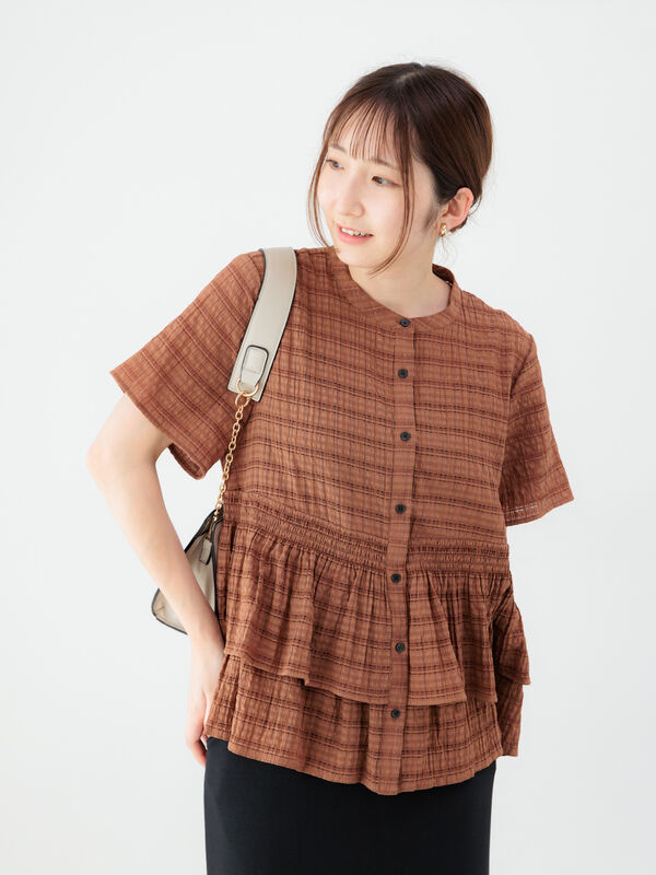 新品 fitmore グレンチェックティアードブラウス ブラウン Fit more（フィットモア） ブラウス シャツ グレンチェックティアード