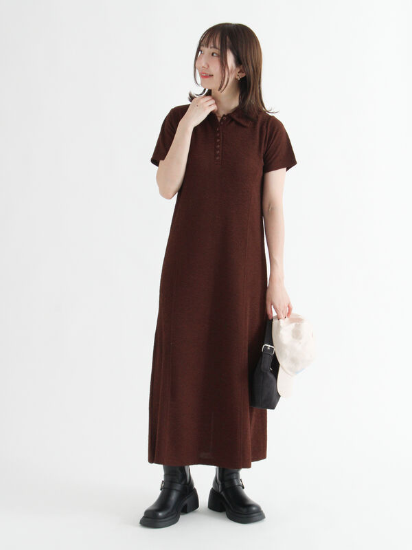セール】 カットジャガードポロワンピ（ブラック/ブラウン/ワンピース