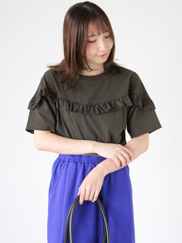 プリルン 12点 セール】 ピグメントVフリルTシャツ（チャコールグレー/パープル