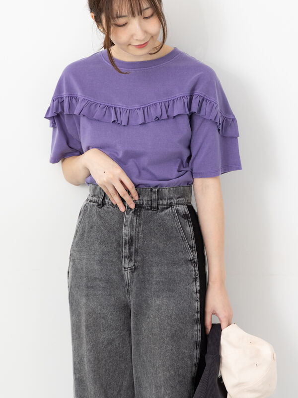 セール】 ピグメントVフリルTシャツ（チャコールグレー/パープル