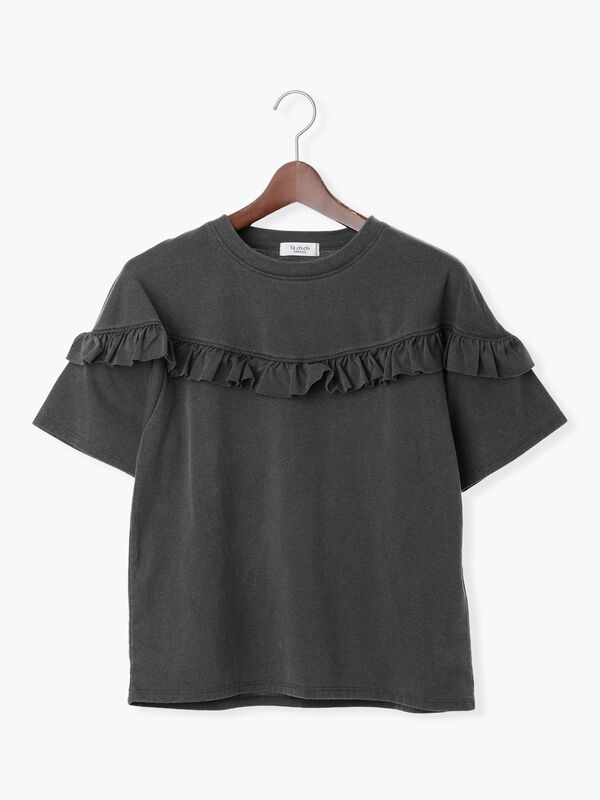 セール】 ピグメントVフリルTシャツ（チャコールグレー/パープル