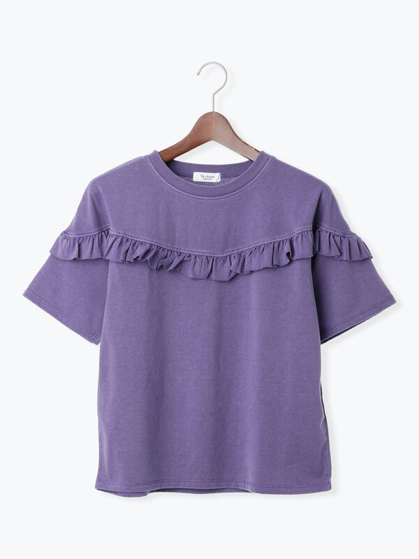 セール】 ピグメントVフリルTシャツ（チャコールグレー/パープル