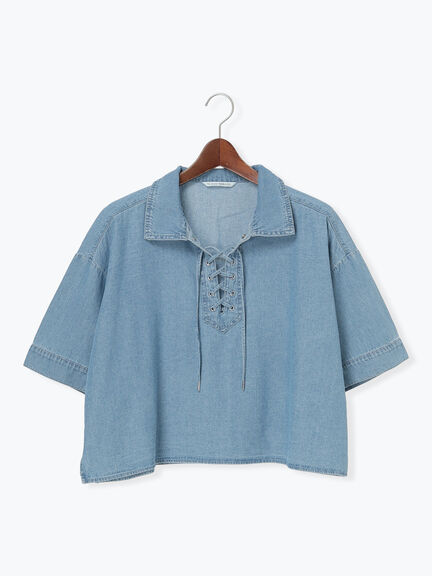 デニムレースアップシャツ《2025autumn catalog item》（ブルー/ネイビー）｜Te chichi TERRASSE（テチチ テラス）通販