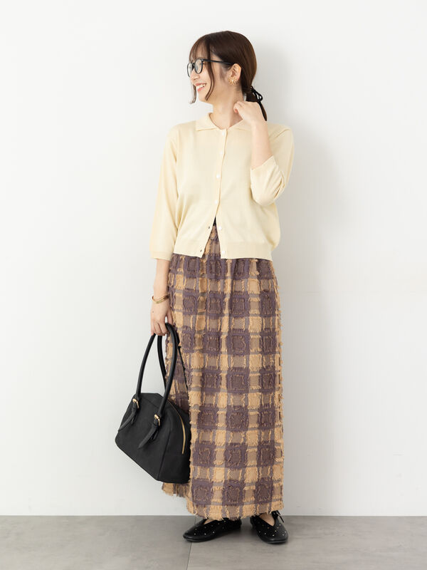 ta_chii☆ セール】 衿付き7分袖カーディガン（オフホワイト/チャコールグレー