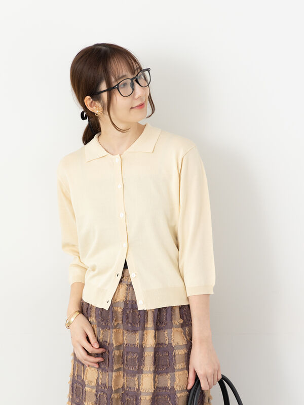 セール】 衿付き7分袖カーディガン（オフホワイト/チャコールグレー